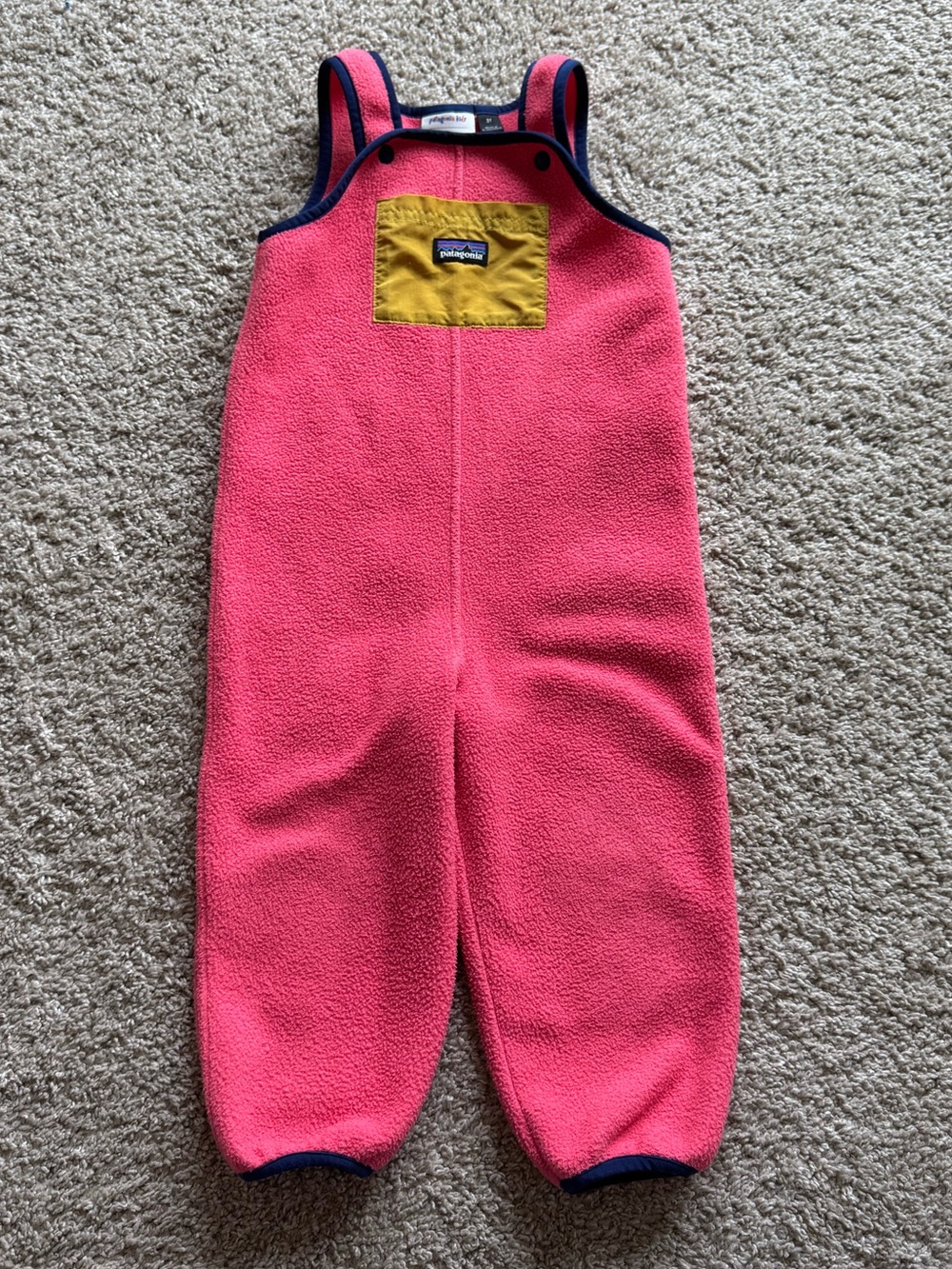 Patagonia Pink Fleece Overalls with Yellow Chest Pocket 3T